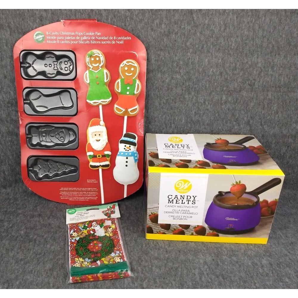 Wilton Baking Lot/3 - Candy Melting Pot Christmas Cookie Mold & Gift Treat Bags